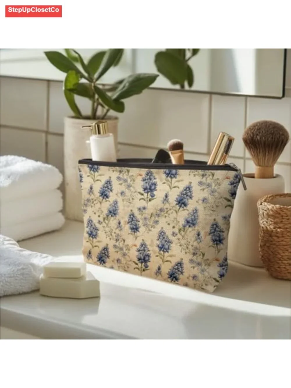Vintage Texas Bluebonnet Floral Makeup Bag, Waterproof Linen Cosmetic Pouch,